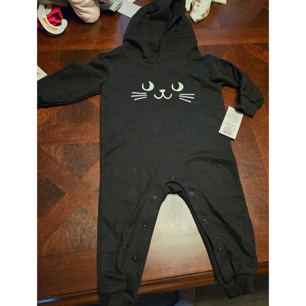 Cat & Jack Baby Black Cat Hooded Romper Jumpsuit 3D Ears 12M 6Z69KM NEW